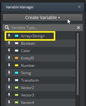Array variable pinned to the variable list in Variable Manager.