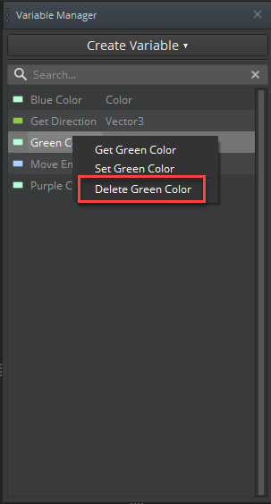 Delete a variable in the Script Canvas Variable Manager.