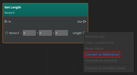 Convert a data pin to use a variable reference by right-clicking on the pin and choosing Convert to Reference.