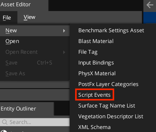 Choose File, New, Script Events in the Asset Editor.