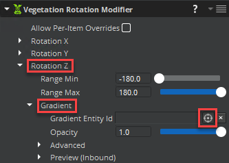 In the Vegetation Rotation Modifier component’s properties, under Rotation Z, Gradient, next to Gradient Entity Id, click the target.