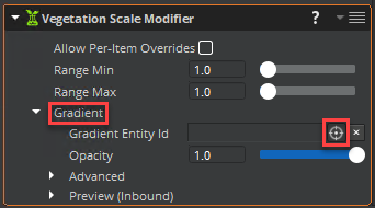 In the Vegetation Scale Modifier component&rsquo;s properties, under Gradient, next to Gradient Entity Id, click the target.