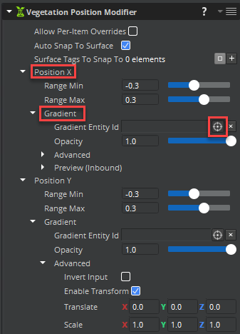 In the Vegetation Position Modifier component&rsquo;s properties, under Position X, Gradient, next to Gradient Entity Id, click the target.