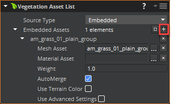 In the Vegetation Asset List component&rsquo;s properties, next to Embedded Assets, click the plus sign.
