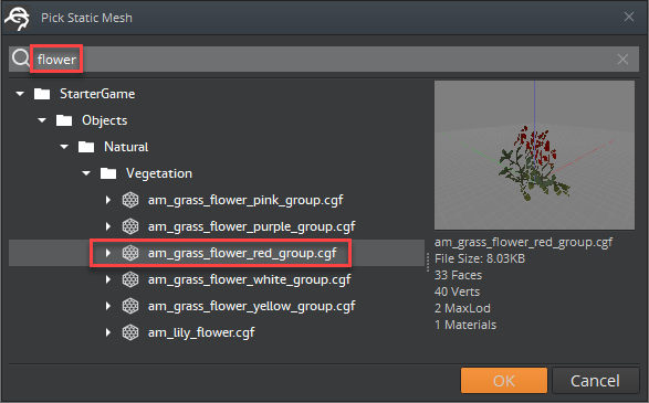 In the search bar, enter a search term, such as flower, and select a vegetation asset.
