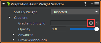 In the Vegetation Asset Weight Selector component’s properties, next to Gradient Entity Id, click the target.